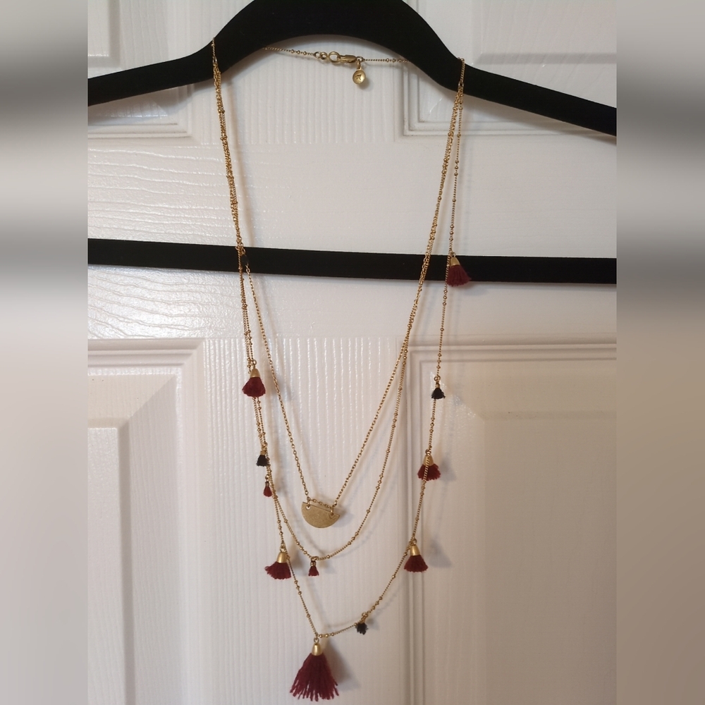 Madewell Gold Triple Strand Tassel Boho Long Layered Necklace